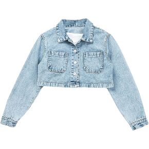 Verdusa Girl's Long Sleeve Button Front Collar Crop Denim Jacket Outerwear