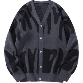 SHENHE Men's Graphic Sweater Button Down Long Sleeve V Neck Cardgian Sweater Streetwear