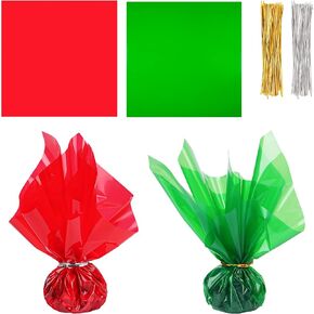 Shitailu 200Pcs Cellophane Sheets Christmas Plastic Wrap 2 Mix Colors Translucent Holiday Color Green, Red for Easter X-Mas Valentines DIY Craft Present Wrap Treats, Baskets, 12 x 12 inch (Christmas)