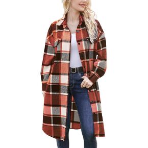 Women's 2024 Plaid Shacket Jacket Casual Button Wool Blend Long Tartan Trench Coat with Pockets Fall Winter
