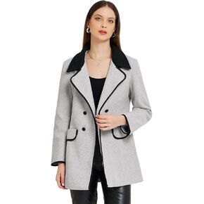 Allegra K Women's Winter Overcoat Double Breasted Collared Pockets Color Contrast Long Sleeve Casual Pea Coat