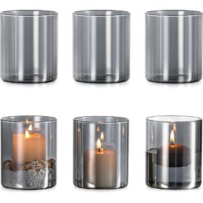 Glasseam Grey Hurricane Candle Holder: Set of 6 Glass Cylinder Candle Holders for Pillar Candles Modern Cylinder Vases for Floating Candles Vases for Centerpiece Wedding Table Decorations 4inch