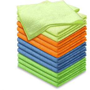 Universal 16" L X 12" W 12 Pcs Ultra Soft Microfiber Cleaning Towel Cloth for Car Washing Dusting Automotive Garage Home Office Furniture Bath Windows Yellow Orange Blue Green