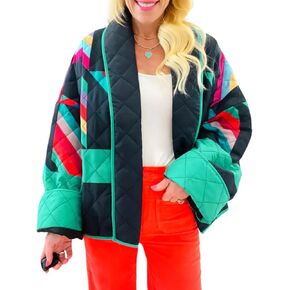 COZYPOIN Women's Quilted Jacket Cropped Front Open Print Long Sleeve Lightweight Thickened Floral Outwear Coat