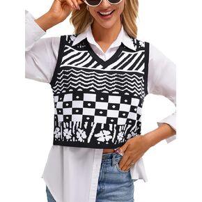Women's Knit Sweater Vest Y2K Cropped Floral Jacquard Pattern Sleeveless V Neck Sweaters Tank Tops Lightweight for Girl