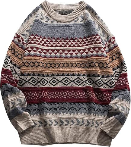 Flygo Sweaters for Men Crewneck Vintage Oversized Cable Knit Pullover Sweater Graphic Striped Aztec Long Sleeve Unisex Jumper in Kuwait