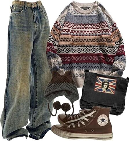 Flygo Sweaters for Men Crewneck Vintage Oversized Cable Knit Pullover Sweater Graphic Striped Aztec Long Sleeve Unisex Jumper in Kuwait
