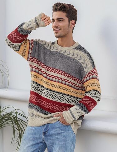 Flygo Sweaters for Men Crewneck Vintage Oversized Cable Knit Pullover Sweater Graphic Striped Aztec Long Sleeve Unisex Jumper in Kuwait