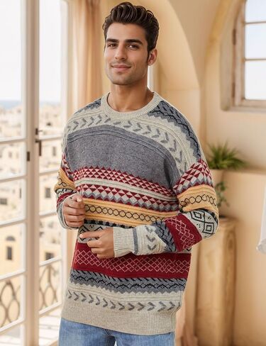 Flygo Sweaters for Men Crewneck Vintage Oversized Cable Knit Pullover Sweater Graphic Striped Aztec Long Sleeve Unisex Jumper in Kuwait