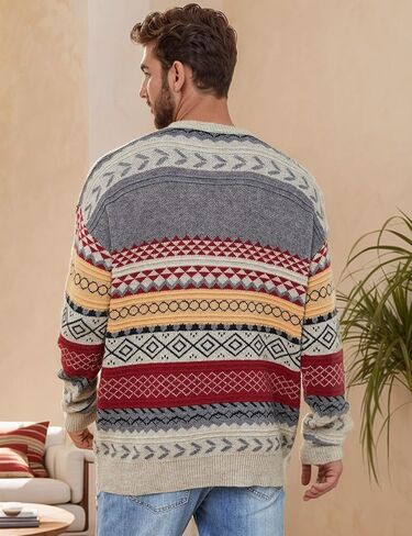 Flygo Sweaters for Men Crewneck Vintage Oversized Cable Knit Pullover Sweater Graphic Striped Aztec Long Sleeve Unisex Jumper in Kuwait