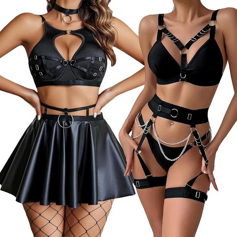 طقم لانجري نسائي برباط 6 قطع حمالة صدر ولباس داخلي طقم أحزمة مقصوصة مع تنانير من البولي يوريثان قلادة سوداء S in Kuwait