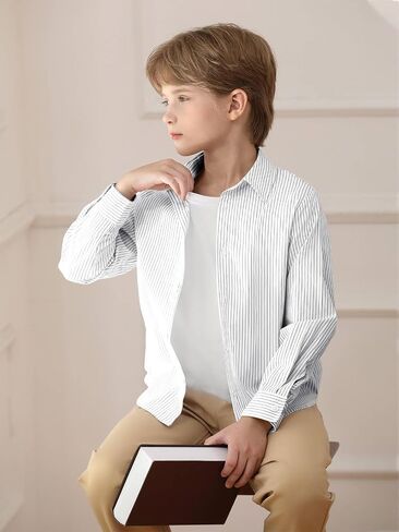 Haloumoning Boys Button Down Shirt Kids Long Sleeve Striped Collared Tshirts Fall Tops Tees 5-14Y in Saudi Arabia