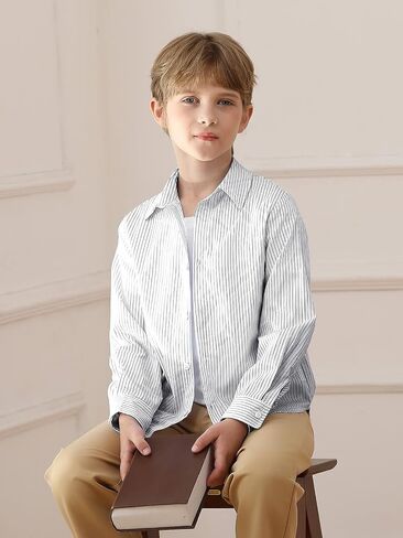 Haloumoning Boys Button Down Shirt Kids Long Sleeve Striped Collared Tshirts Fall Tops Tees 5-14Y in Saudi Arabia