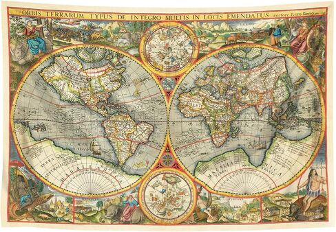 Retro Map of the World (Orbis Terrarum) by Petrus Plancius 1594 | Bacon's Pictorial View of the World Tapestry Wall Hanging, Vintage Historical Maps Tapestries for Bedroom College Dorm Home Decor in Saudi Arabia