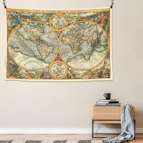 Retro Map of the World (Orbis Terrarum) by Petrus Plancius 1594 | Bacon's Pictorial View of the World Tapestry Wall Hanging, Vintage Historical Maps Tapestries for Bedroom College Dorm Home Decor in Saudi Arabia