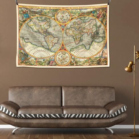 Retro Map of the World (Orbis Terrarum) by Petrus Plancius 1594 | Bacon's Pictorial View of the World Tapestry Wall Hanging, Vintage Historical Maps Tapestries for Bedroom College Dorm Home Decor in Saudi Arabia