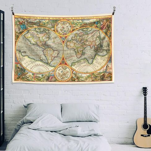 Retro Map of the World (Orbis Terrarum) by Petrus Plancius 1594 | Bacon's Pictorial View of the World Tapestry Wall Hanging, Vintage Historical Maps Tapestries for Bedroom College Dorm Home Decor in Saudi Arabia