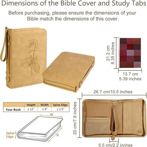Leather Bible Cover Case for Women : Debossed Rose Floral Bible Cover with Reinforced Handle&Zippered Pocket - Men Carrying Protective Case with Detachable Wristlet Strap - Christian Gift in Saudi Arabia
