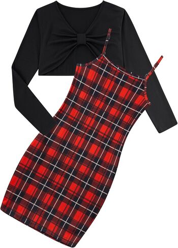 Girls 2 Piece Outfits Adjustable Shoulder Strap Cami Dress with Long Sleeve Blouse Top Set for 5-12 Years in Kuwait