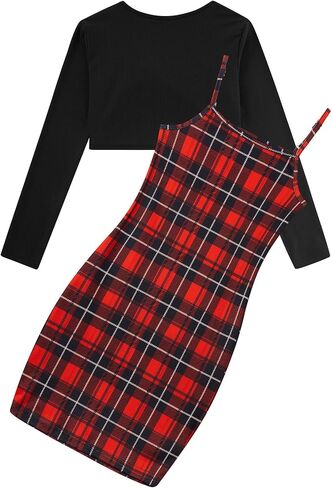 Girls 2 Piece Outfits Adjustable Shoulder Strap Cami Dress with Long Sleeve Blouse Top Set for 5-12 Years in Kuwait