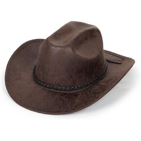 Women Men Vintage Western Cowboy Hats - PU-Leather Wide-Brim Outback Rugged Cowgirl Fedora Hats with Band M
