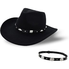 Western Cowboy Hat for Women Men Wide Brim Felt Black Cattleman Hats with Belt Buckle for Cowgirls