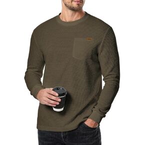 Men's Long Sleeve Shirt Casual Crewneck Lightweight Sweater Honeycomb Waffle Solid Knitted T Shirts with Pocket