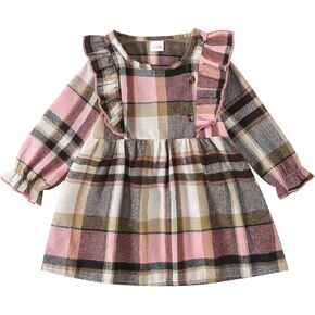 Toddler Baby Girl Plaid Color Block Dress A-line Crewneck Long Sleeve Ruffle Casual Patchwork Dress Fall Winter Outfit