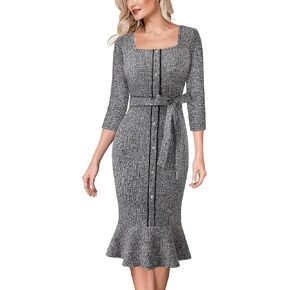 VFSHOW Womens Business Square Neck Button Belted Colorblock Patchwork Office Work Slim Sheath Mermaid Dress