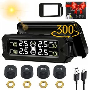 TPMS Tire Pressure Monitor System Solar Wireless Tire Pressure Sensor with 4 External TPMS Sensors Kit, Temperature Tire Pressure Monitor TPMS for Cars,Bikes,Motors,RV, Camper, TPMS Kit【Upgraded】
