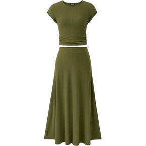 BTFBM Women Two Piece Skirt Set Casual Ribbed Knit Crew Neck Short Sleeve Cropped Top Elastic Waist Swing Midi Skirts