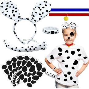 2 Sets Dalmatian Dog costume Ear Headband,Tail, Body Painting Crayons, Silicone bracelet, Gold Tag and 144 Different Shapes Black Felt Stickers for Halloween DIY Projects (All in One) White, Medium