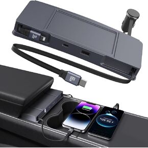 Retractable Center Console USB Hub for Tesla Model 3 Model Y 2021 2022 2023 2024, THELIFELICIOUS Tesla Interior Accessories Car Phone Charger, Fast Charging Docking Station