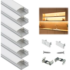 Muzata 6-Pack 3.3ft/1Meter U Shape LED Aluminum Channel System with Cover, End Caps and Mounting Clips Aluminum Profile for Under Cabinet LED Strip Light Installations U1SW WW