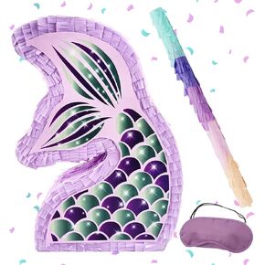 Mermaid Pinata With Bat & Blindfold for Mermaid Birthday Party Decorations Supplies for Kids Girls Under the Sea Mermaid Ocean Theme Birthday Party Game Activity Mermaid Decor by 4E's Novelty