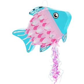 BLUE PANDA Pull String Fish Pinata for Girls, Ocean and Mermaid Theme Birthday, Under The Sea Party Decorations (Small, 17 x 13 x 3 in)