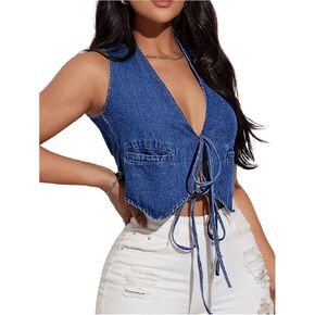 MakeMeChic Women's Denim Vest Tops Y2K Tie Front V Neck Asymmetrical Cropped Jean Vest Jackets