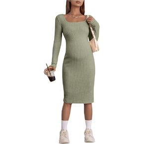OYOANGLE Women's Maternity Ribbed Knit Square Neck Long Sleeve Midi Dress Split Side Bodycon Dresses