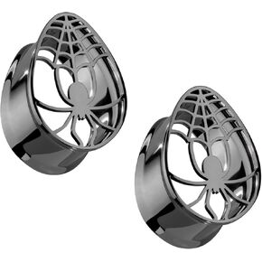 Pierced Owl Black PVD 316L Stainless Steel Spider and Web Teardrop Shaped Double Flared Tunnels, Sold as a Pair