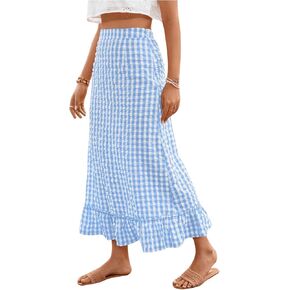 SHENHE Women's Gingham Skirt Ruffle Hem A Line Long Skirt High Waist Plaid Maxi Skirt