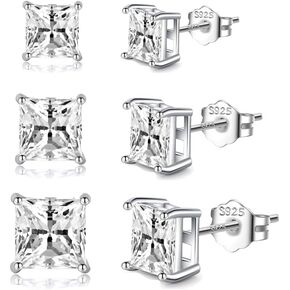 SLUYNZ 925 Sterling Silver CZ 3 Pairs Stud Earrings Set for Women Teens Cut Square Clear CZ Stud Earrings Simulated Diamond CZ Ear Stud Set