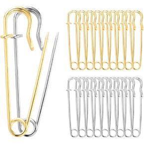 Sibba Large Safety Pins 20 Pcs Steel Lock Pins Heavy Duty Blanket Pins Pincushions Sewing Notions Supplies Gold Silver Clips Grips for Laundry Key Rings Clothes Leather Skirts