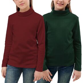 GORLYA 2 Pack Girls Turtleneck Long Sleeve Basic T-Shirt Mock Neck Soft Knit Slim Fitted Tee Tops Multipacks for 8-16Y