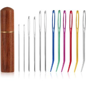 12pcs Large Eye Sewing Needles Kit, Aluminum Large-Eye Blunt Needles with Bent Tapestry Needles & Wooden Needle Case Hand Knitting Needles for Crochet Quilting Beading Projects