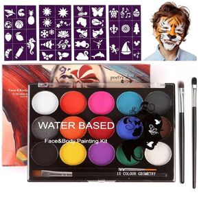 Face Painting Kit for Kids - 15 Color Large Water Based Makeup Paints with Stencils, 2 Brushes, Halloween Makeup Kit, Safe Professional Body & Face paint Kit