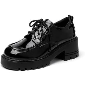 Women's Patent Leather Chunky Platform Oxford Fashion Round Toe Chunky Heightening Lug Sole Lace-Up Loafers Comfort Non Slip Business Office Dress Shoes
