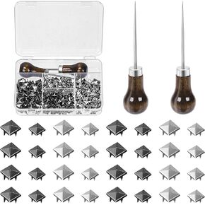 Tanstic 402Pcs Four-Jaw Square Rivets Kit, 8mm 10mm Metal Punk Spikes Square Spike Rivets, Silver Black Spikes Spots Pyramid Studs with Straight Tipped Awl for Leather Bags Shoes Clothing Craft