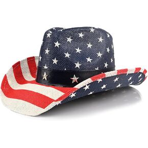 Foeran Cowboy Hat with Men's Women's，Western Cowgirl Straw Hats，Colorful American Flag Star Rivet Decoration