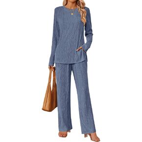 HAEOF Women's Fall 2 Piece Textured Sets Trendy Loungewear Soft Long Sleeve Tunic Tops Wide Leg Pants Matching Pajama Set
