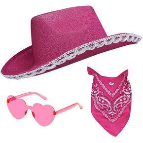 Cowboy Hat Costume Cowgirl Hat with Heart Shaped Sunglasses & Bandana for Western Cowboy Halloween Cosplay Dress Up